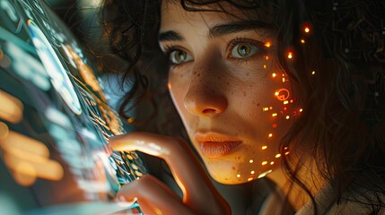 Close-up of a woman using a transparent digital tablet with augmented reality interface for remote collaboration