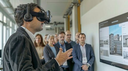 A young entrepreneur presenting a virtual reality training simulation for industrial safety practices to a group of investors