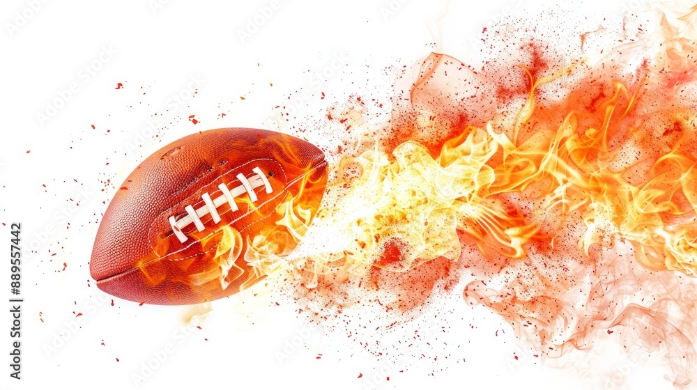 Wall mural flying american football ball on fire. isolated on white background