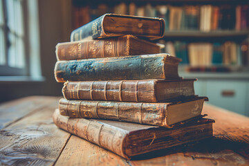 Stack of vintage books on wooden table near window