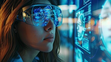 A young woman wearing smart glasses with augmented reality overlays, exploring a virtual museum exhibit