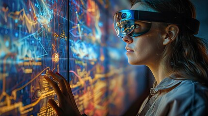 A young woman wearing smart glasses with augmented reality overlays, exploring a virtual museum exhibit
