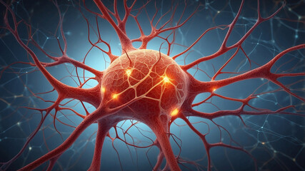 Intricate Digital Illustration of a Neuron with Glowing Synapses