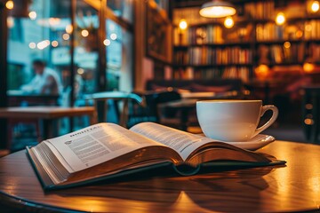 Open book and coffee cup on table in cafe with bookshelf in background