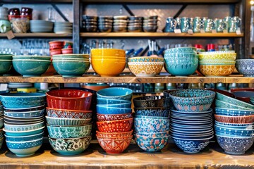 The image shows a group of bowls displayed on a shelf. The bowls come in various colors and sizes, including blue. It appears to be in a shop setting, showcasing different tableware options
