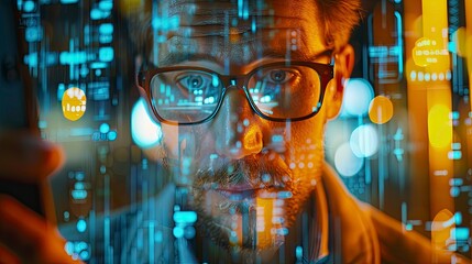 Close-up of a businessman using a transparent smartphone with augmented reality for real-time stock market analysis