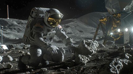 A team of astronauts conducting scientific experiments in a lunar base habitat with advanced life support systems