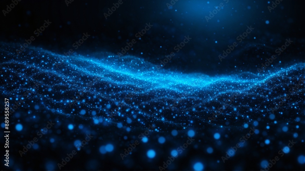 Poster a dynamic wave pattern composed of sparkling blue dots. the vibrant blue hues and intricate design c