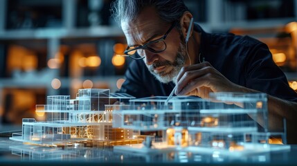 An architect using a digital pen and tablet to sketch architectural designs with augmented reality overlays