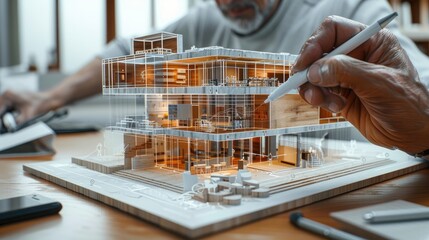 An architect using a digital pen and tablet to sketch architectural designs with augmented reality overlays
