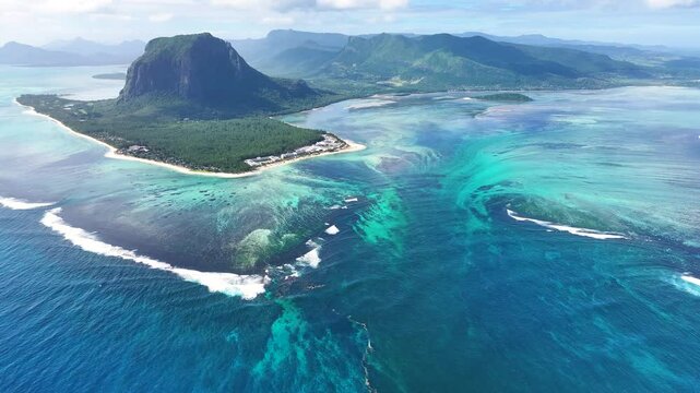 Underwater Waterfall At Le Morne Mauritius Island Mauritius. Aerial View Of Stunning Beach With Crystal Clear Waters. Coast Sky Seaside Summertime. Seaside Beach Tropical Environment.