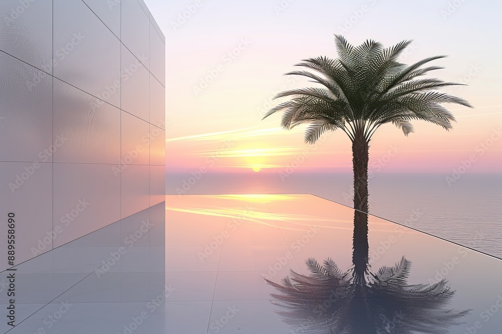 Poster minimalist sunset scene with a single palm tree reflected in a calm water surface creating a peacefu