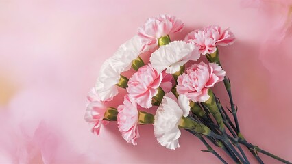 Obraz premium Beautiful pink and white carnation flowers on a pink pastel background