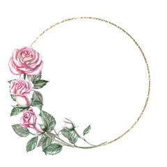 Round frame of pink roses in watercolor illustration. Hand drawn watercolor drawing for cards, wedding invitations, congratulations, gifts, memorable dates. Composition isolated from background