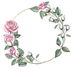 Round frame of pink roses and buds in watercolor illustration. Hand drawn watercolor drawing for wedding invitations, congratulations, gifts, memorable dates. Composition isolated from background