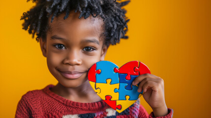 Photo of beautiful and joyful black child showing off their heart shaped jigsaw puzzle, autism awareness, ASD,  landscape format 16:9 with copy space