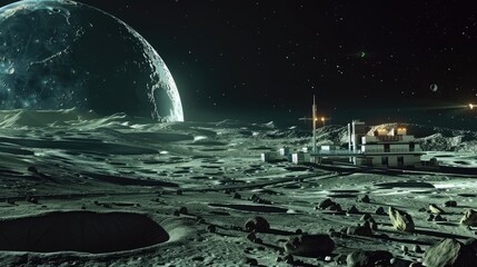 Obraz premium A barren moon with a futuristic research outpost on its surface.