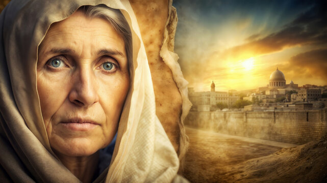 Portrait of a prophetess of God a devout woman with a blurred background of an ancient city