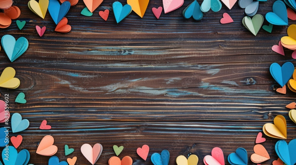 Poster frame of colorful paper hearts on old wooden background with copy space texture concept for valentin