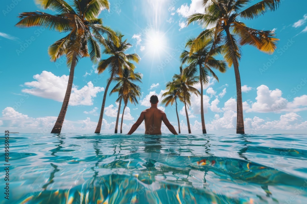 Poster man enjoying a refreshing swim in a tropical pool surrounded by palm trees capturing the essence of 