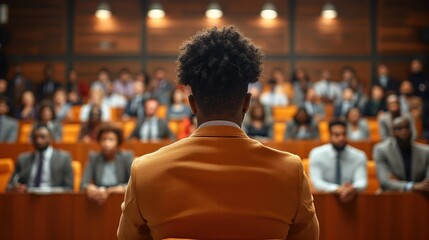Business professional addressing a large audience in a conference hall, engaging in a corporate presentation or seminar.