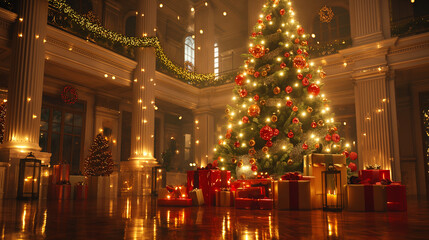 Obraz premium Massive Christmas tree adorned with bright lights and surrounded by presents