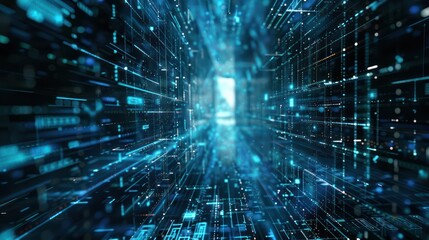 Abstract digital patterns and grids in a virtual space, creating a sense of technology and innovation