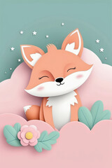 Obraz premium Cartoon funny adorable baby sleeping fox cub on the clouds.