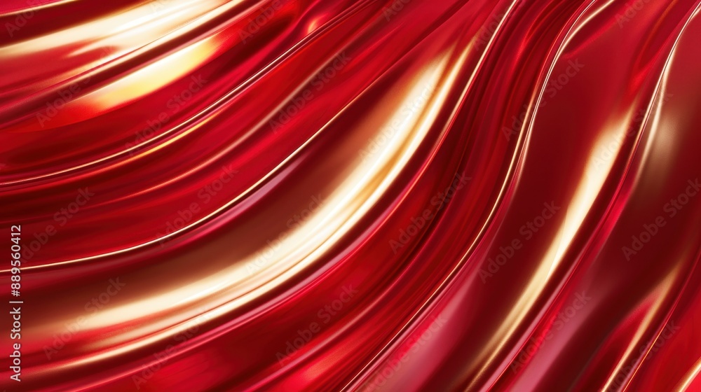 Poster Abstract red and gold waves with glossy surface texture