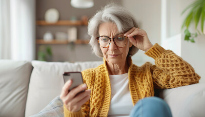 50-year-old woman sitting on comfortable sofa in modern living room, holding smartphone at squinting, adjusting glasses with other hand wearing yellow knitted sweater. Seniors and technology concept - Powered by Adobe