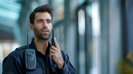  Male security guard using a walkie talkie, portrait view