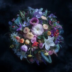 Beautiful bouquet of different flowers on a dark background close up