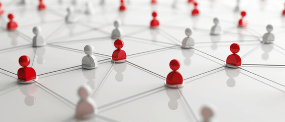 Red and white figures dot a gray grid, visually conveying network connections and social dynamics in a modern, minimalist setting.