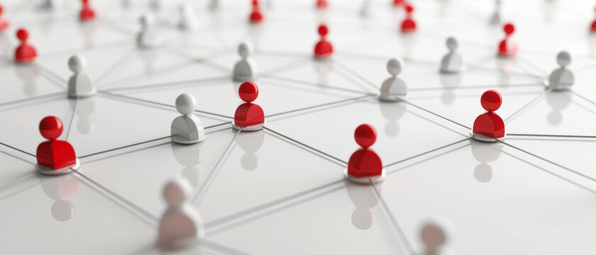 Red and white figures dot a gray grid, visually conveying network connections and social dynamics in a modern, minimalist setting.