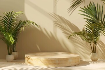 Obraz premium Empty podium for presentation of different goods and items with green palm leafs