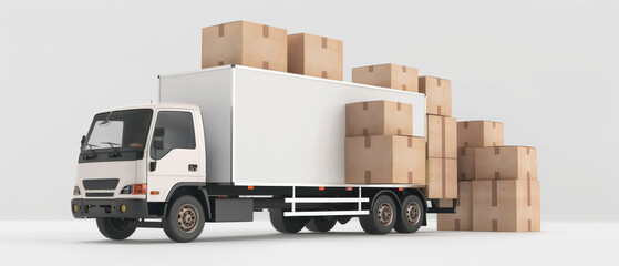A freight truck loaded and surrounded by stacks of cardboard boxes symbolizes efficient logistics and transportation readiness.