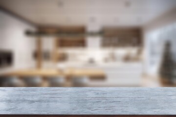 Kitchen wooden desk in modern interior background.