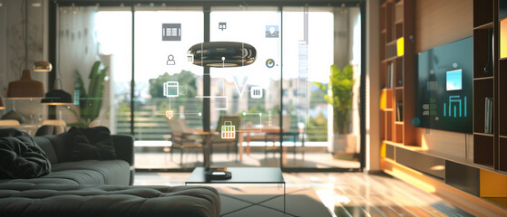 A smart living room enhanced with augmented reality icons, showcasing the modern fusion of technology with home comfort.