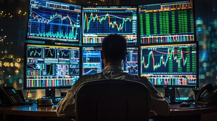 Stock Market Analyst Monitoring Financial Data on Multiple Computer Screens