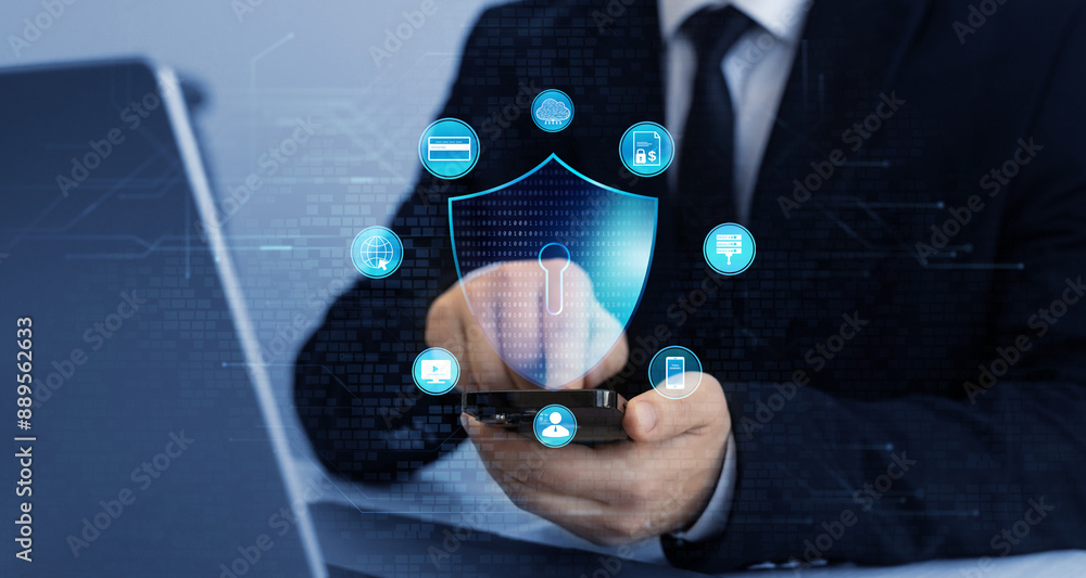 Poster cyber security protection concept.protecting herself from cyber attacks and personal data.portection