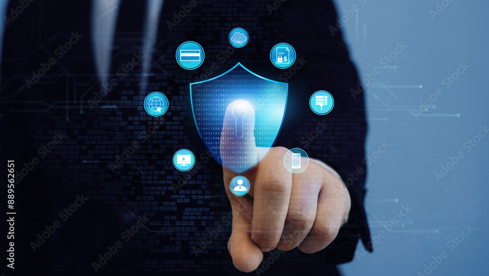Poster businessman protecting personal data information.cyber security protection concept.protecting hersel