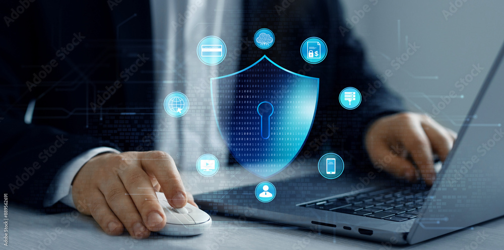 Poster businessman protecting personal data information.cyber security protection concept.protecting hersel