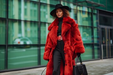 An outdoors fashion portrait of a lovely, confident young woman wearing an orange faux fur coat, hat, green sweater, holding a stylish snakeskin textured handbag, posing in front of a city street.