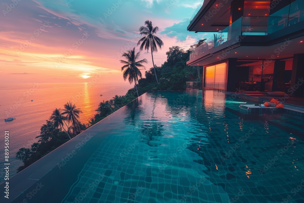 Wall mural Tropical Poolside at Sunset with Palm Trees and Ocean View Capturing the Beauty of a Serene and Idyllic Vacation Spot