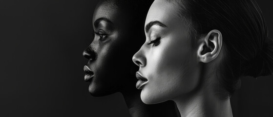 Fototapeta premium An evocative black and white photo capturing the side profiles of two women, their faces in harmony yet distinct, symbolizing unity in diversity.
