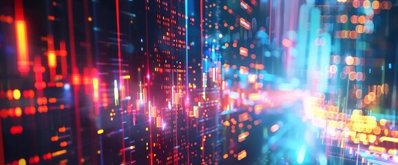 Illuminated abstract forms symbolizing the convergence of stocks, marketing, and technology in the modern business landscape.