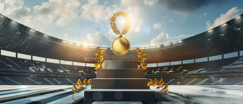 A brilliant stadium scene with a golden medal atop a multi-tiered podium, adorned with a laurel wreath, epitomizing victory and excellence.