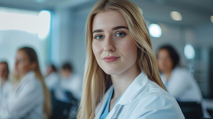 Fototapeta premium Young female doctor in a white coat sits at a meeting of doctors in a hospital