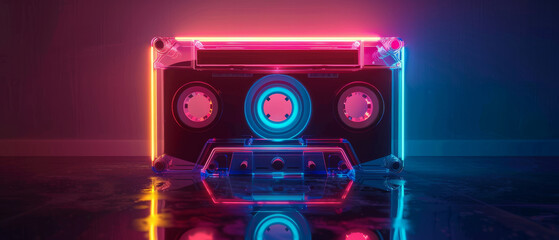 Lit up in vivid pink and blue neon lights, a cassette tape rests on a dark reflective surface, evoking futuristic nostalgia with a mesmerizing glow.