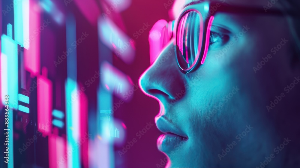 Poster a dynamic image of a businessman analyzing financial data on a futuristic holographic screen, illust